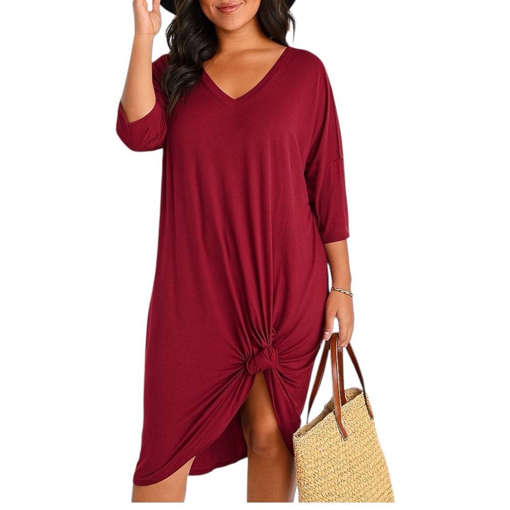 Emerald V Neck Burgundy Knot Hem Midi Dress Size Large‎ Women’s Casual Comfort